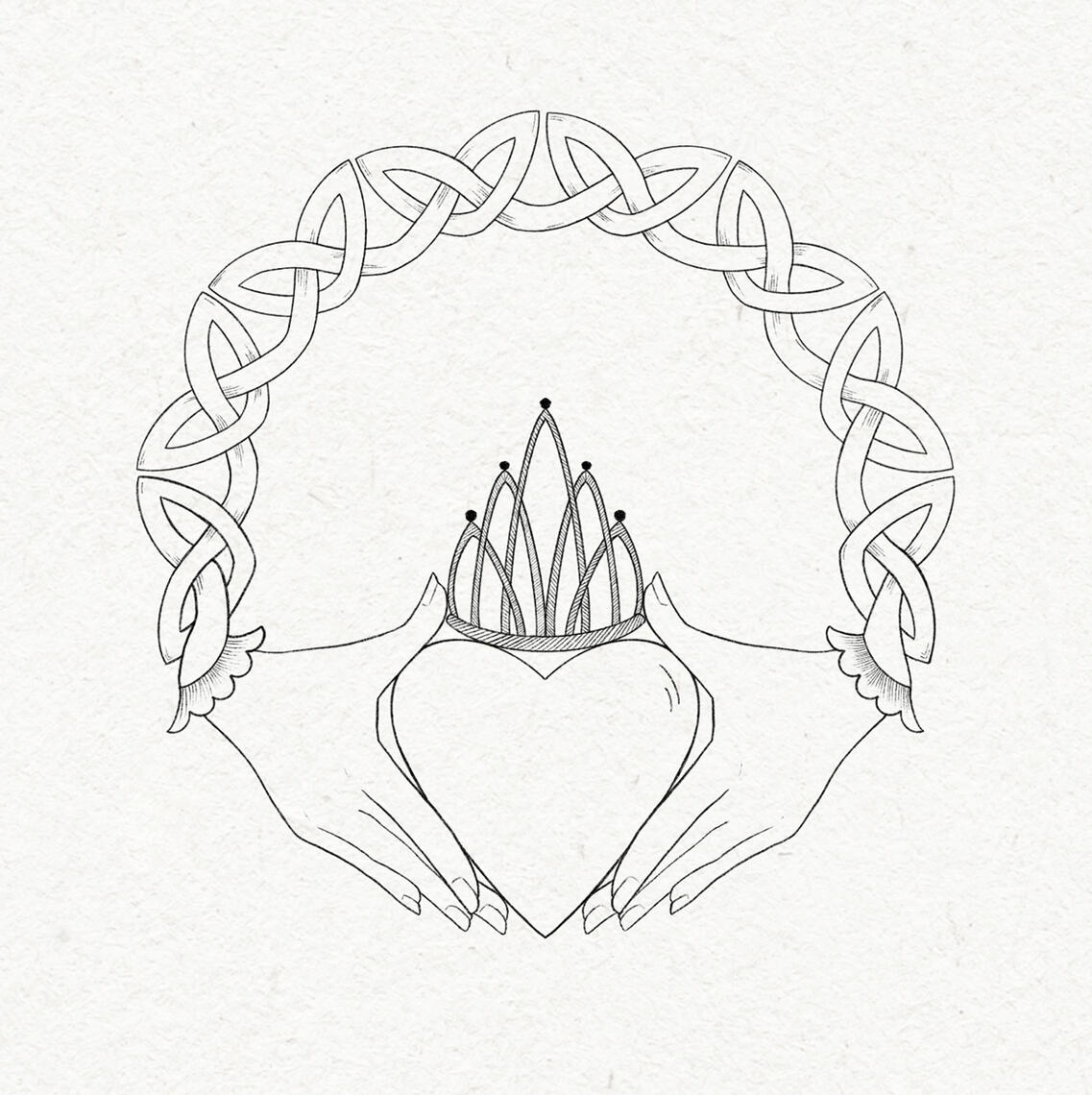B&W drawing of a claddagh ring