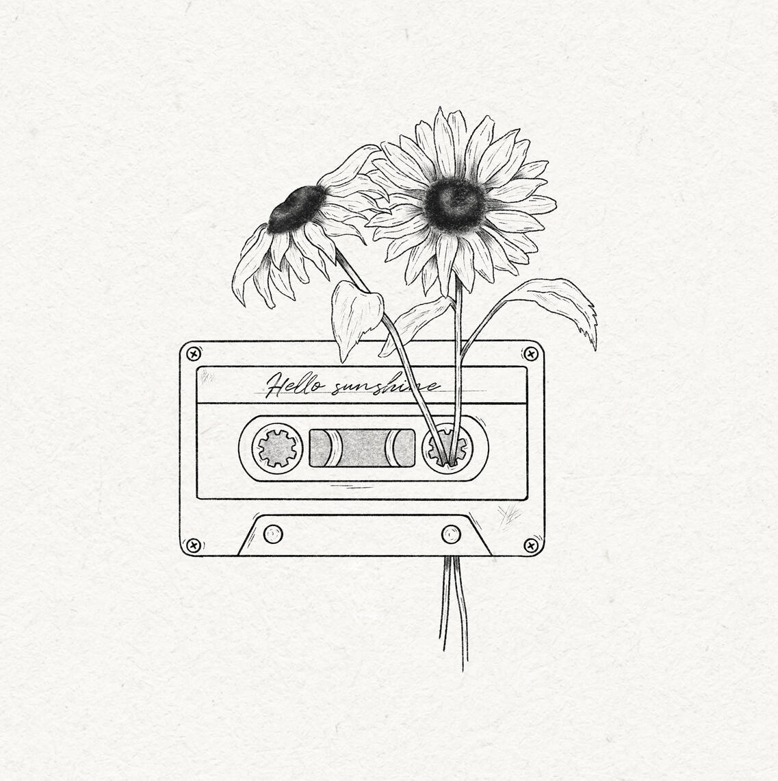 B&W drawing of two sunflowers stuck in an old cassette tape reading "Hello sunshine"