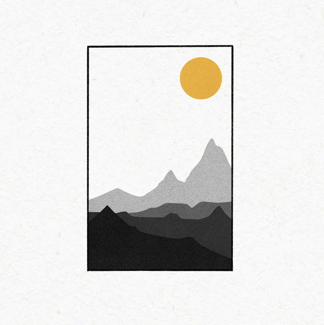 B&W drawing of mountains with the sun in a yellow as a color accent