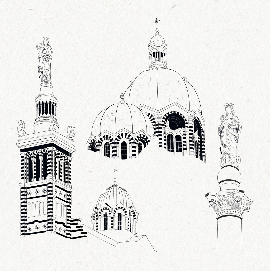 B&W drawing of 3 Marseille monuments