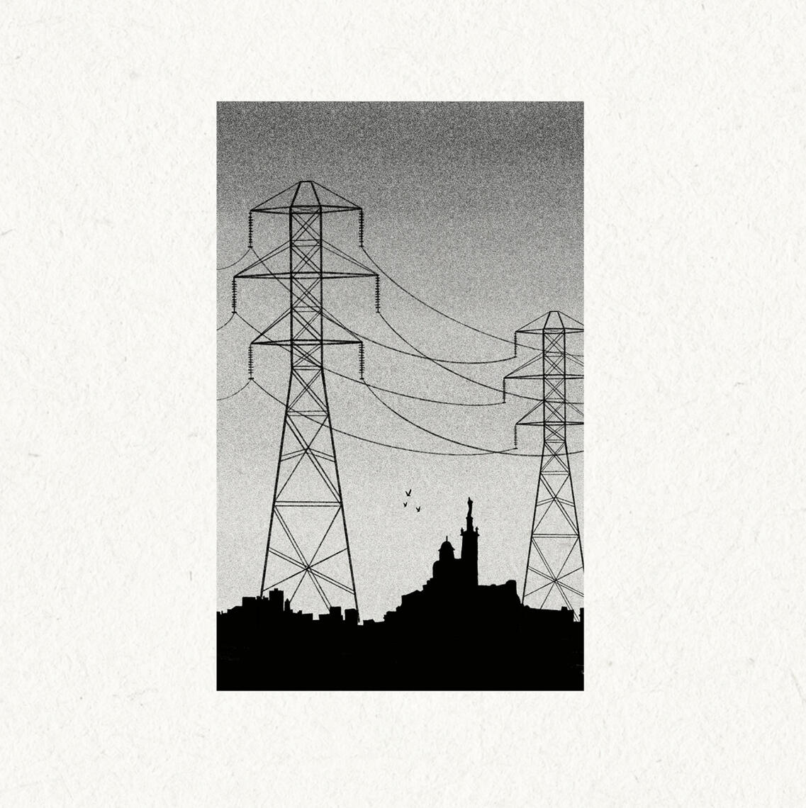 B&W drawing of Marseille skyline in the distance and electric pylons in the front at sunset