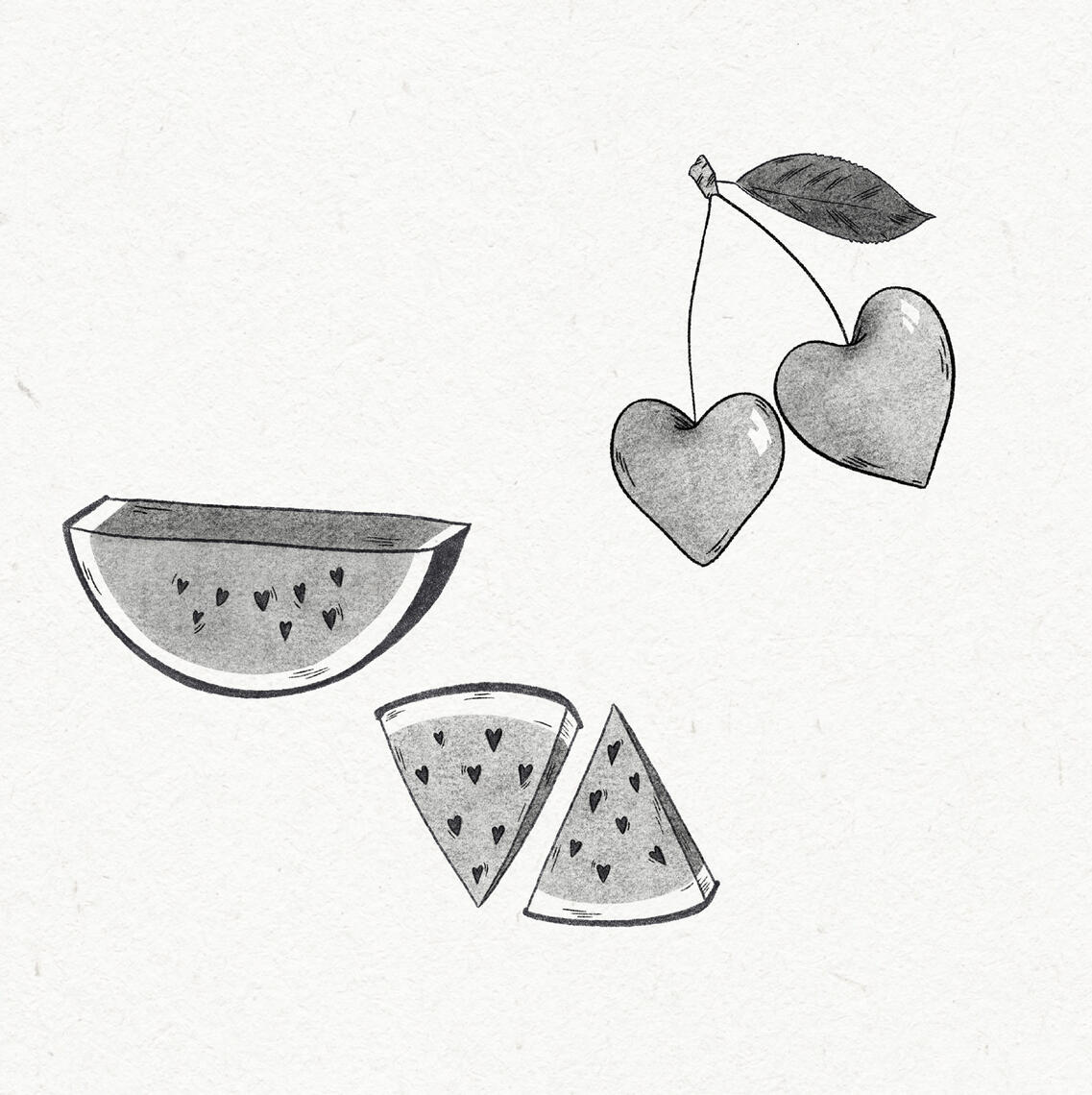 B&W drawing of cherries and watermelon with heart-shaped details