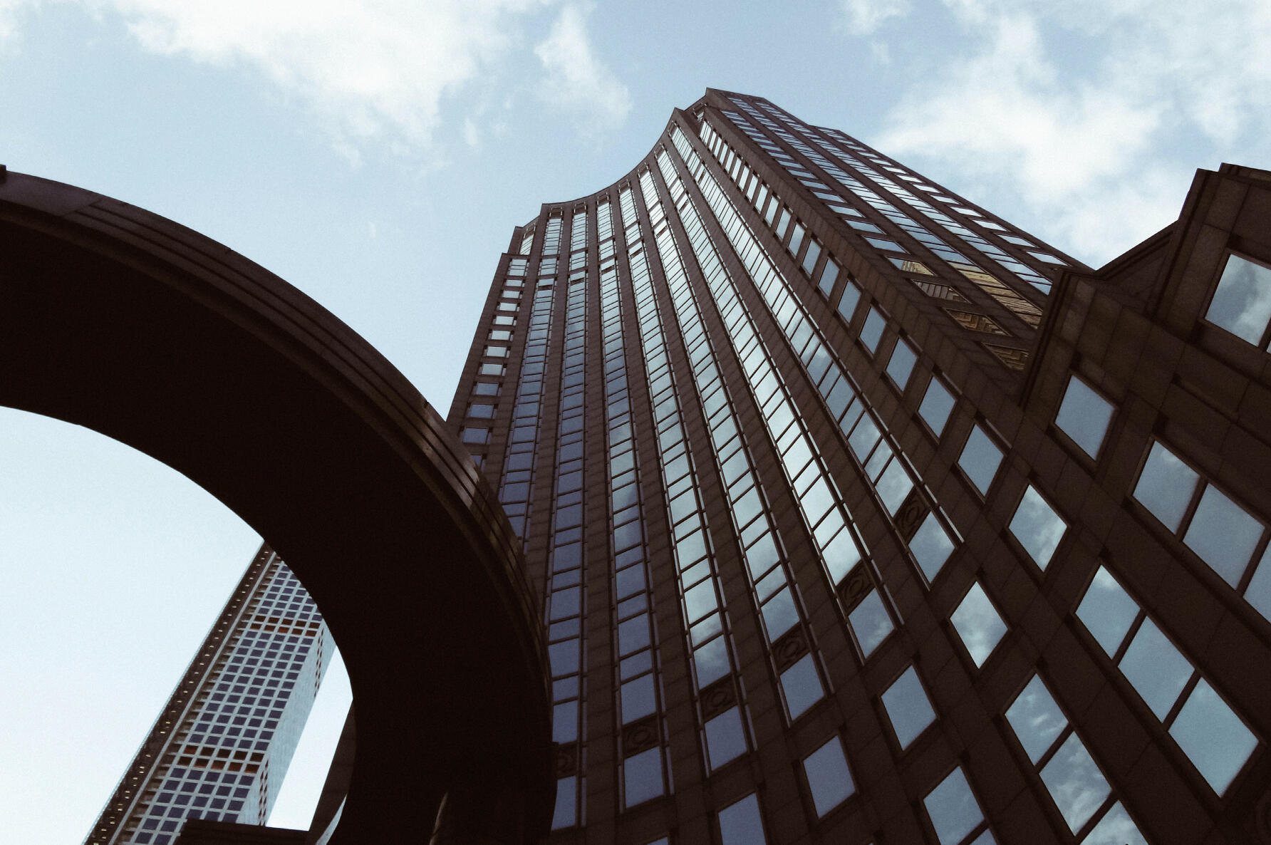 Low-angle shot from tower 57 in NYC. Blue tones, back light