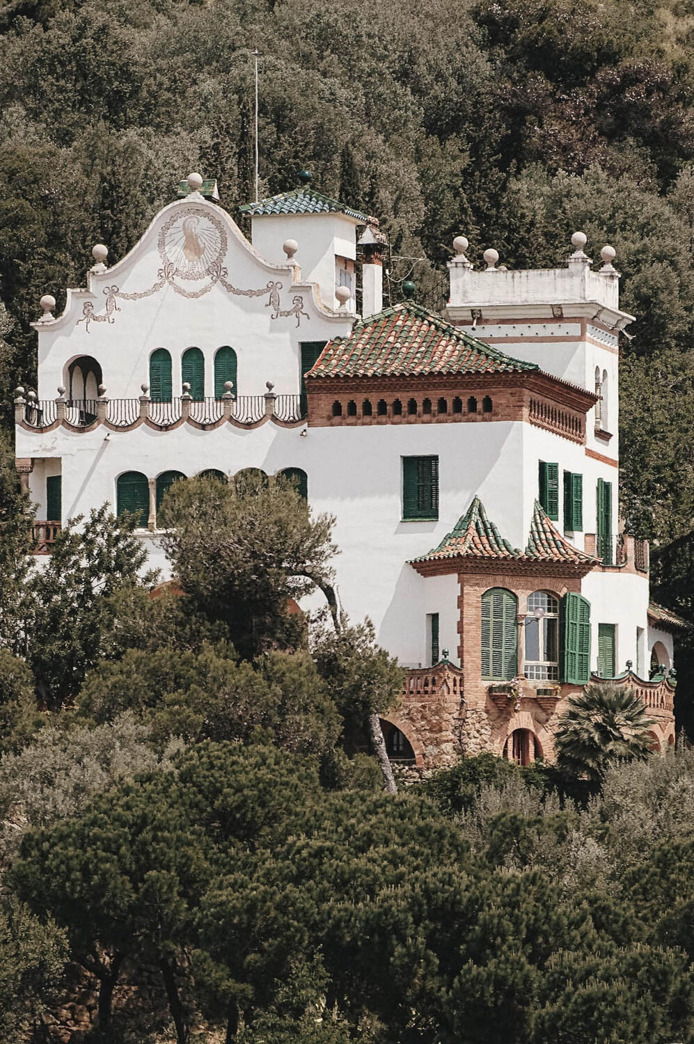 Closeup of a green blinds, white house in the middle of trees