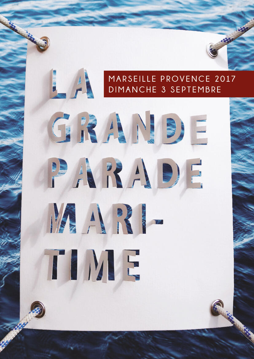 Poster for an event called "La grande parade maritime", written in a paper cut style imitating a sail, sea as the background